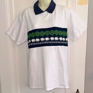 Vtg  80s Jerzees‎ White Polo Type Shirt with Blue &  Green Sheep & Trees Design